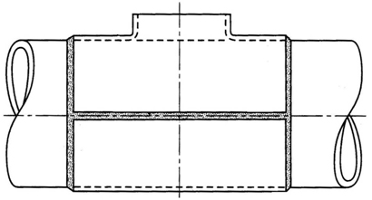 Figure 1 A split-tee (encirclement tee) in-service modification fitting, showing the positions of the welds. 