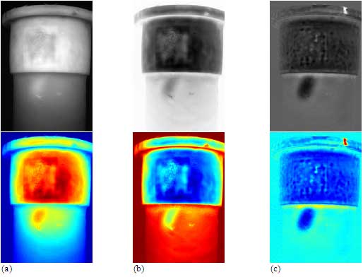Figure 6: Defect 'A': (a) gray (top) and 'jet' (bottom) raw thermograms at t=0.92 s; (b) first time derivative image (from a 7th degree polynomial fitting) at t=2.85 s; (c) second derivative at t=1.49 s.