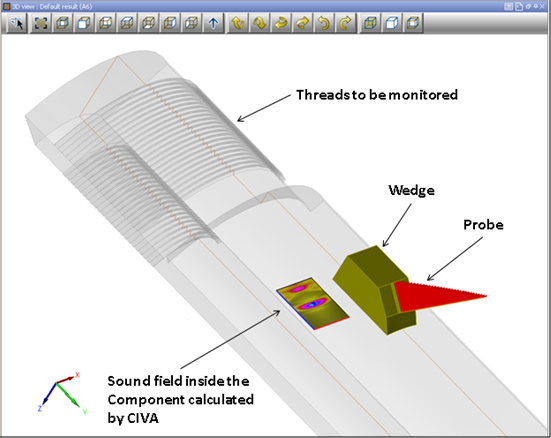 Figure 3 - Simulation of the inspection technique in CIVA in order to optimise both the 2D array probe and the Rexolite wedge
