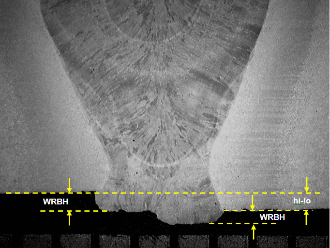 (b) Weld W2, with no evidence of cracking in the region of poorest profile (WRBH= 0.47mm). The definitions for hi-lo and WRBH are shown in the figure
